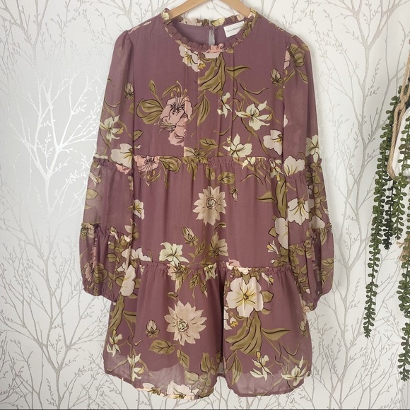 LOVE + HARMONY Mauve Floral Tiered Ruffle Mini Dress Medium Boho Peasant - Picture 12 of 12